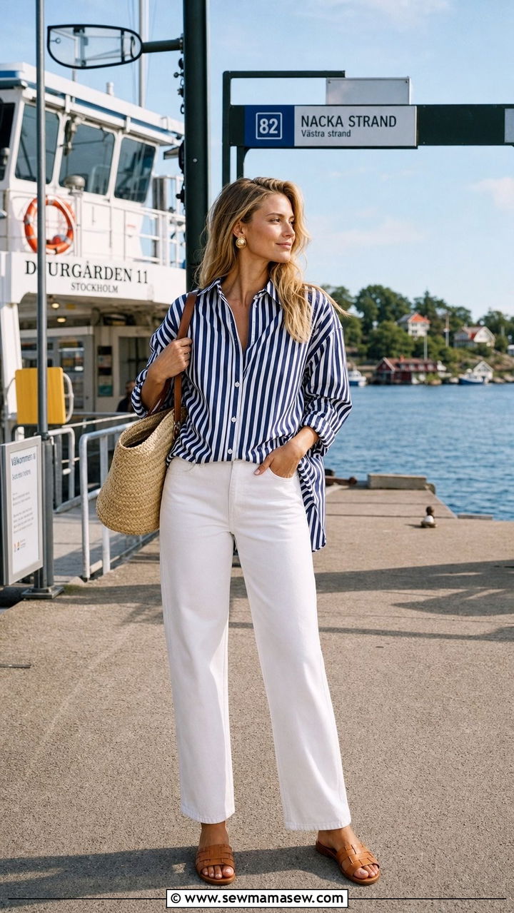 Nautical stripe and white denim outfit - 25 Stockholm outfit ideas