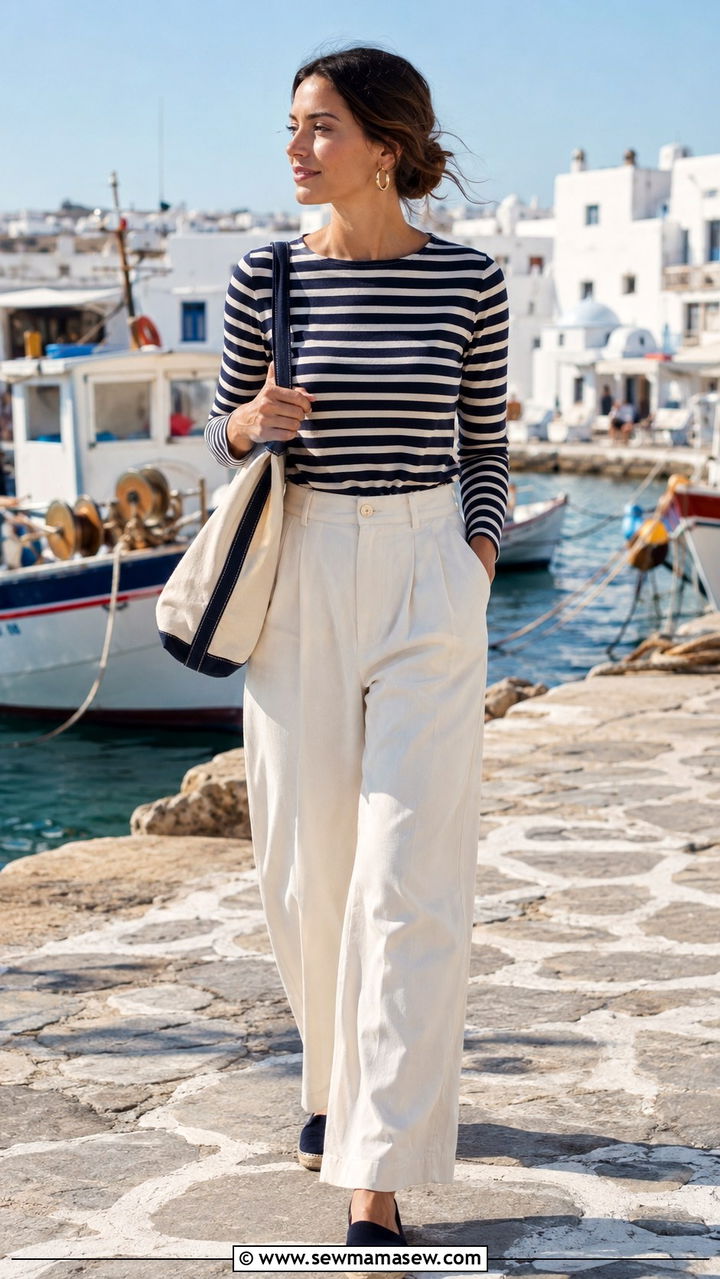 Nautical stripe top with wide leg trousers - 25 Mykonos outfit ideas