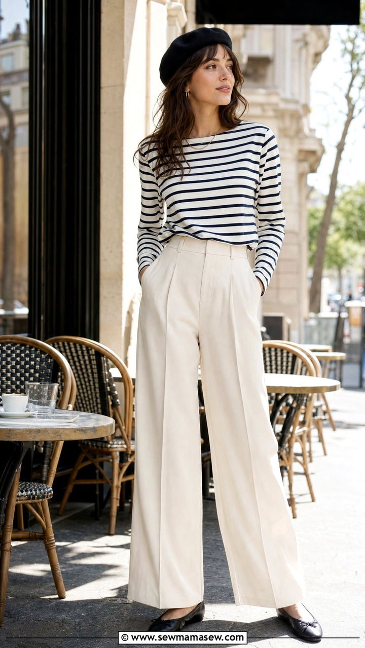 Nautical striped top and high waisted trousers with beret - 25 Spring outfits with hats