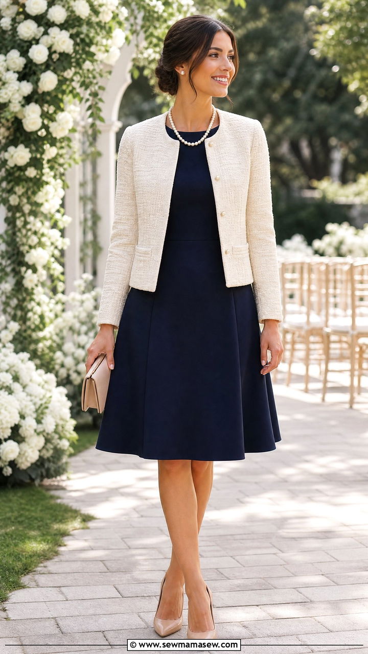 Navy A Line Dress With Pearl Accents - 30 Festive attire wedding guest outfit ideas