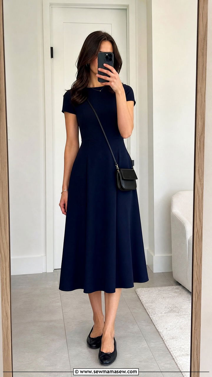 Navy A Line Midi Dress With Ballet Flats - 25 Funeral outfits for summer