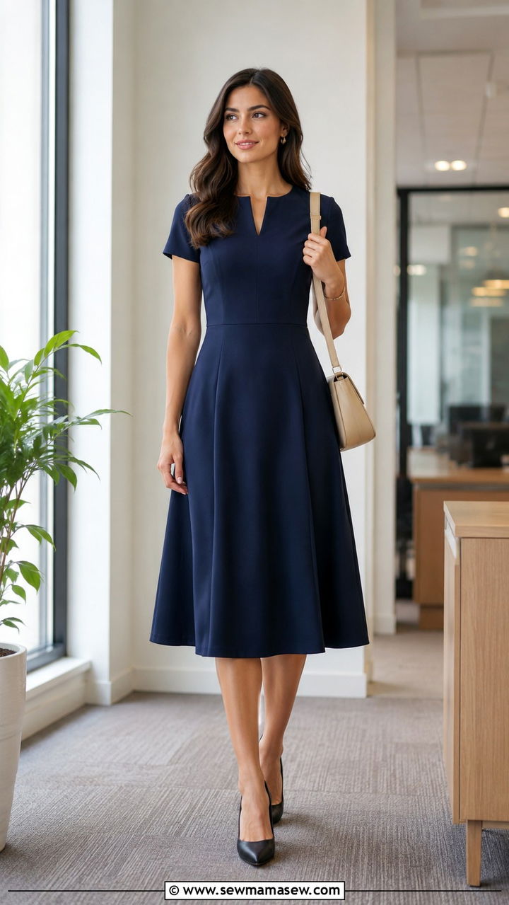 Navy A Line Midi Dress With Black Pumps - 30 Midi dress for work outfit ideas