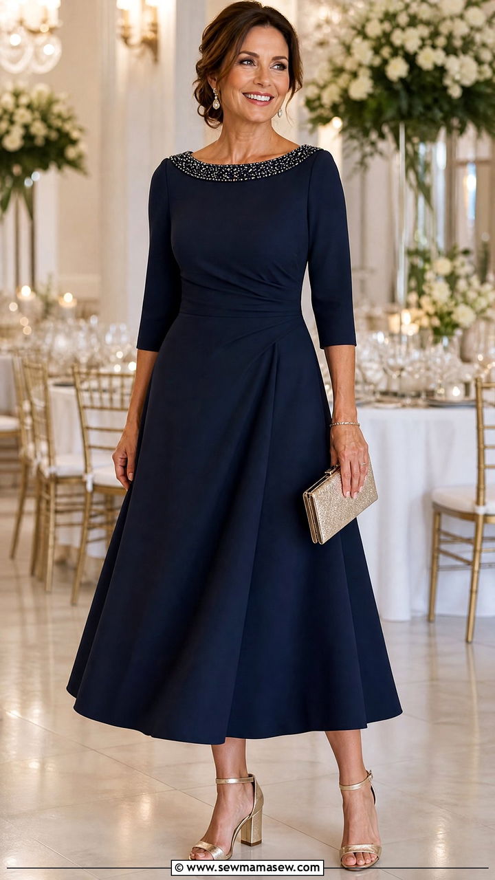 Navy A line dress mother of the bride outfit - 25 Wedding guest outfit ideas for mom of the bride
