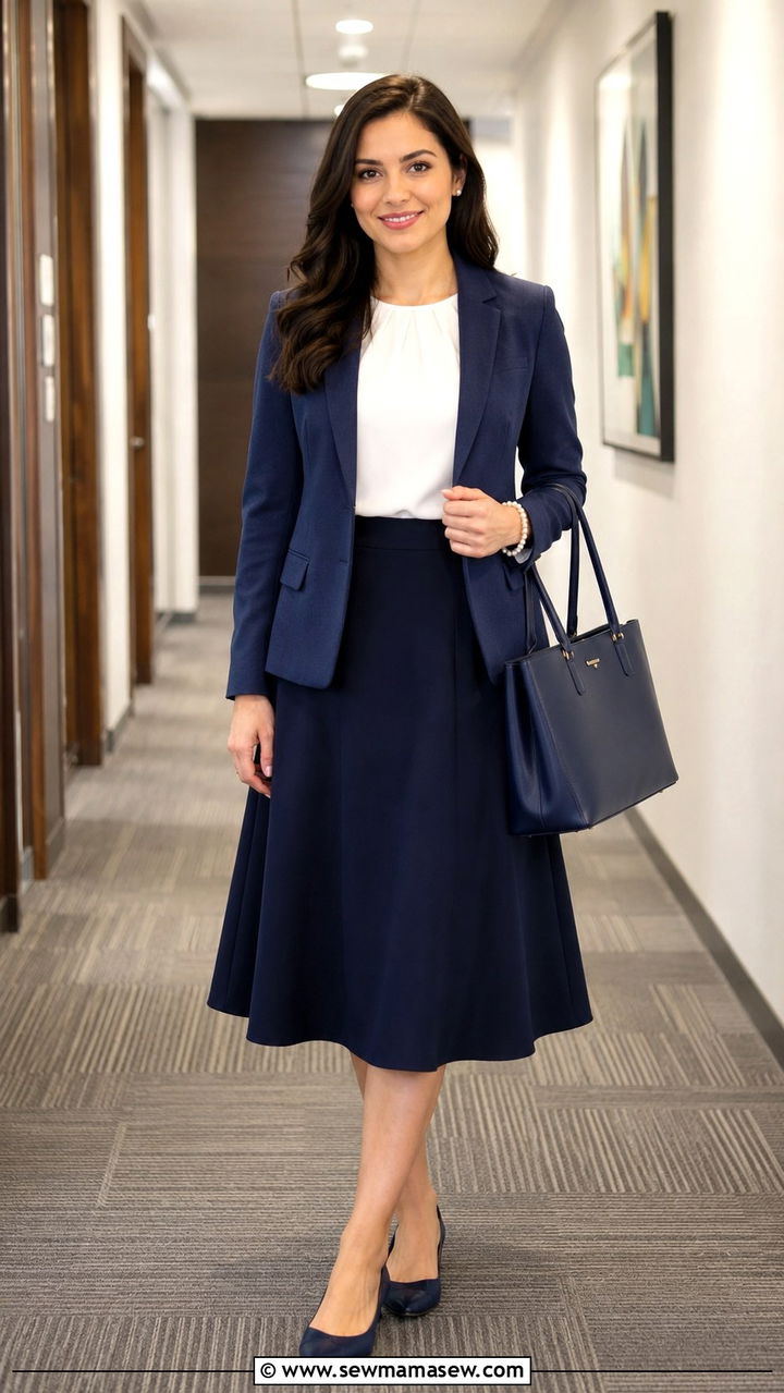 Navy A line midi skirt with white blouse and blazer - 30 modest job interview outfit ideas