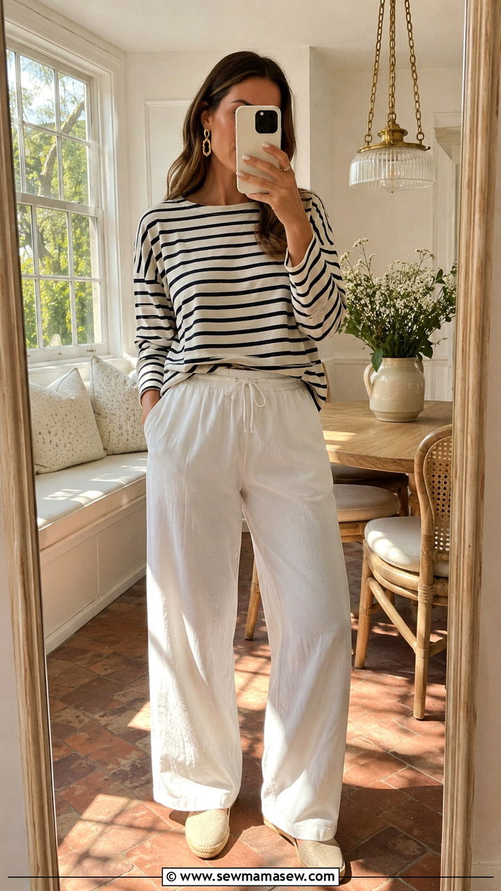 Navy And Cream Striped Tee With White Wide Leg Pants - 20 Old money loungewear outfit ideas