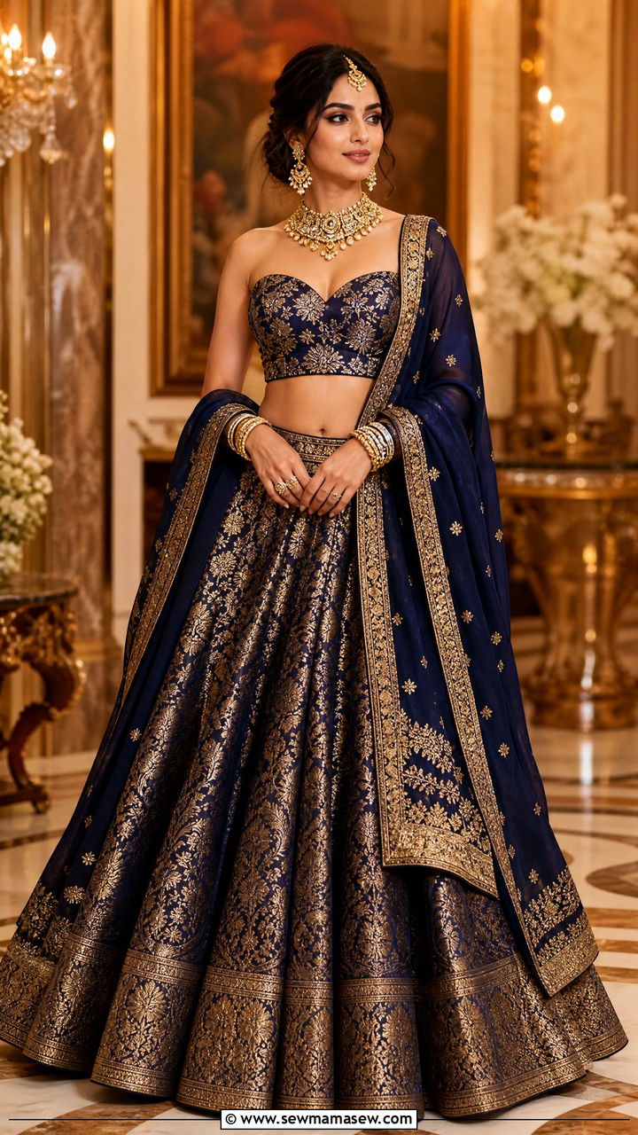 Navy And Gold Brocade Lehenga Set - 35 Matching set outfit ideas for wedding guest