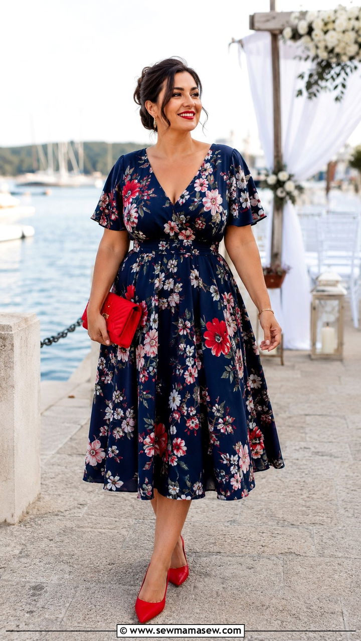 Navy And White Floral Print Tea Length Dress With Red Accessories - 25 Wedding guest outfit ideas size 22