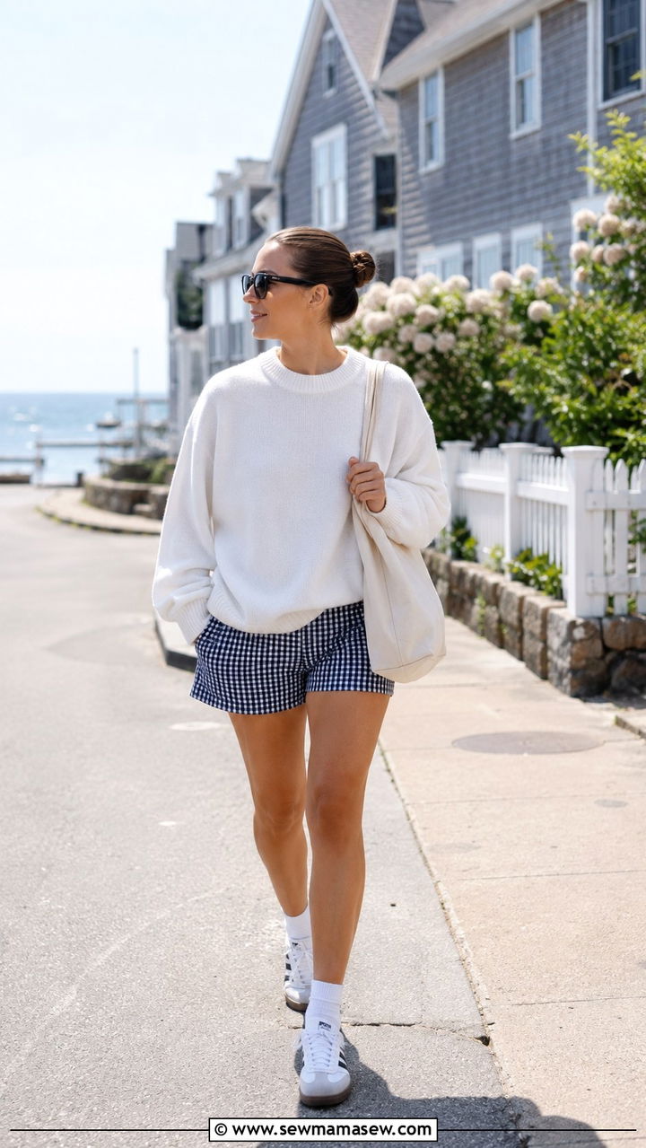 Navy And White Gingham Shorts With White Oversized Sweater - 20 Spring coastal grandmother outfits 2026