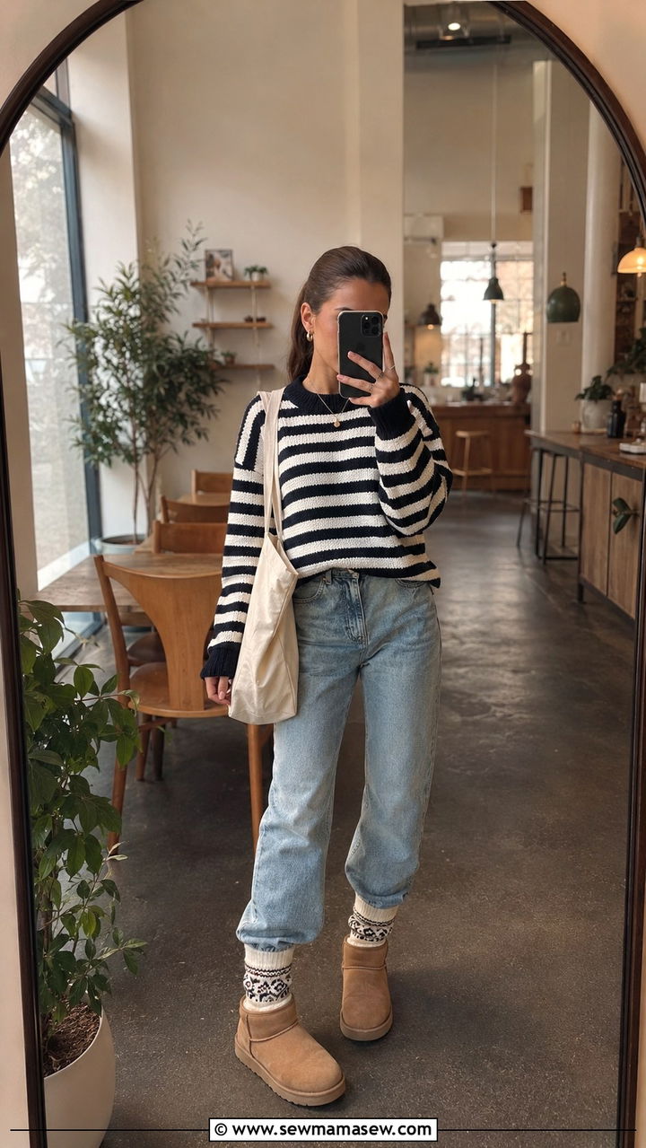 Navy And White Striped Knit With Blue Jeans And UGG Boots - 25 Petite clean girl outfit ideas