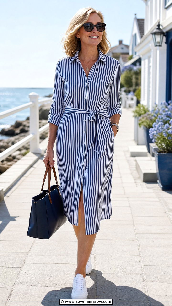 Navy And White Striped Shirt Dress With Sneakers - 25 baby shower outfits for women over 40