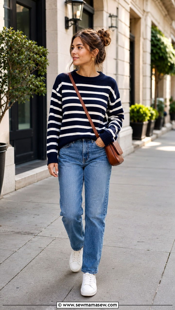 Navy And White Striped Sweater With Jeans Outfit - 30 Navy and white outfit ideas