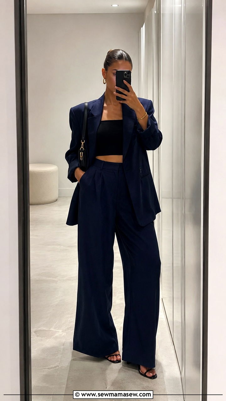 Navy Baggy Suit With Crop Top And Strappy Heels - 20 Baggy suit outfit ideas 2026