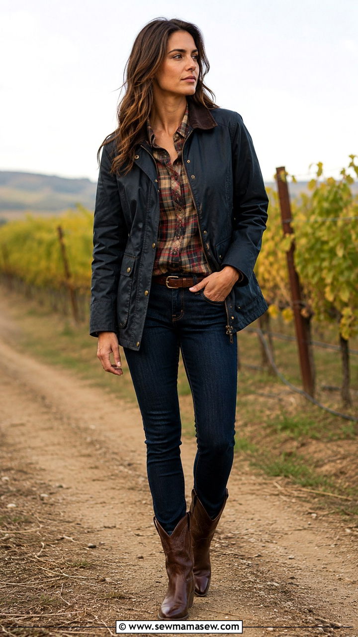 Navy Barn Jacket With Plaid Shirt And Slim Western Boots - 25 Old money outfit ideas with barn jacket
