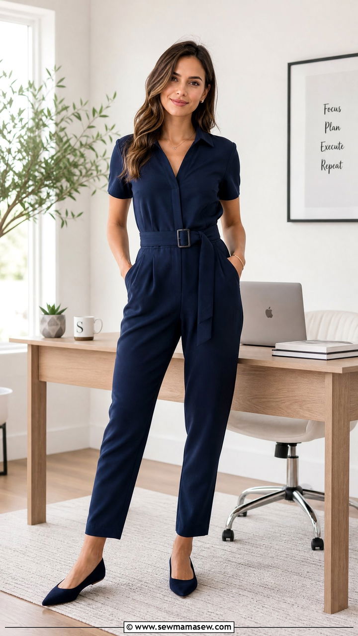 Navy Belted Jumpsuit With Pointed Flats Outfit - 40 Work from home outfits