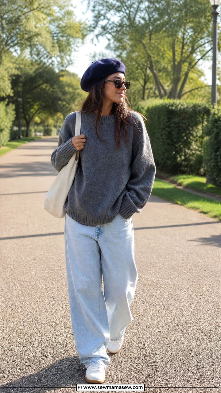 Navy Beret With Sweater And Baggy Jeans - 25 How to style a beret