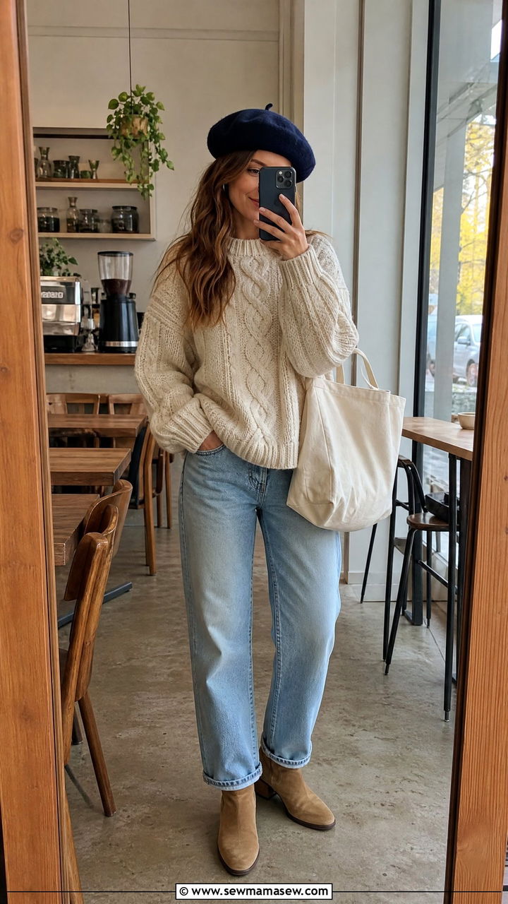 Navy Beret with Cream Cable Knit Sweater and Light Wash Jeans - 25 French girl outfit ideas with beret