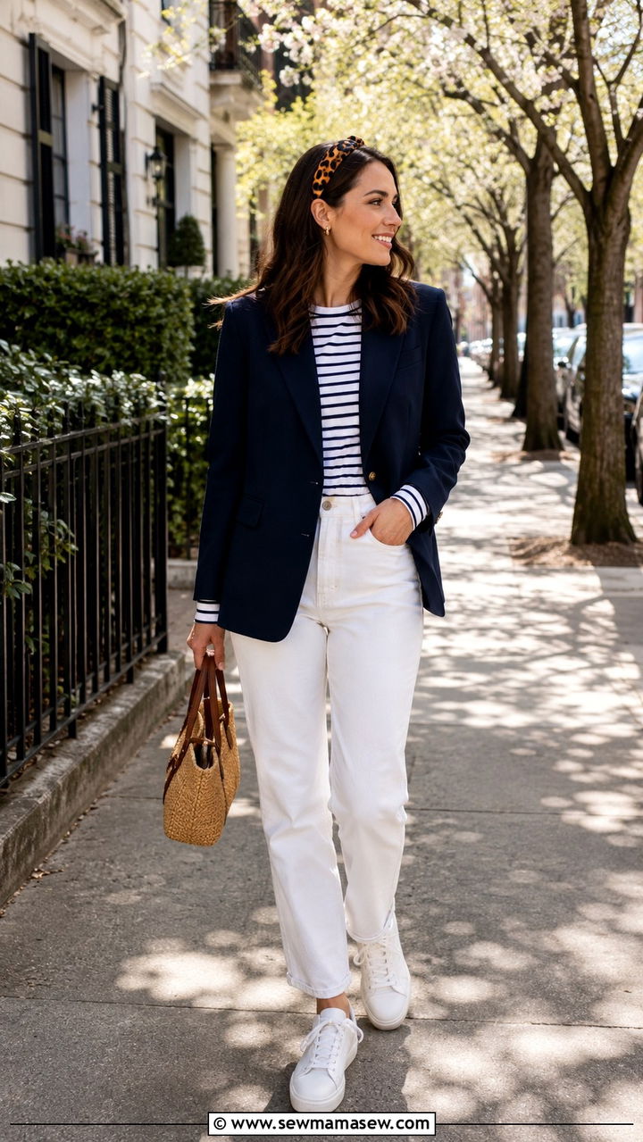 Navy Blazer And Striped Tee With Tortoiseshell Headband - 25 Old money outfit ideas with headband