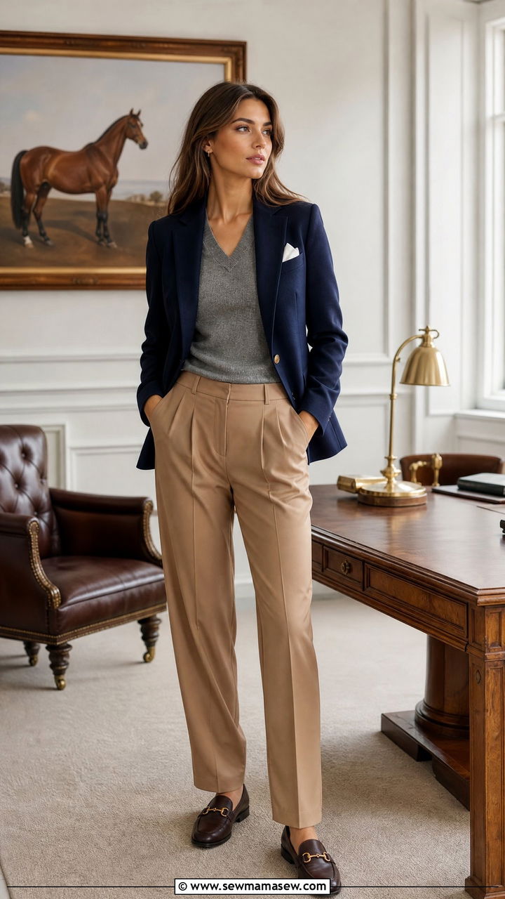 Navy Blazer Outfit With Cashmere Sweater And Trousers - 25 Old money outfit ideas equestrian