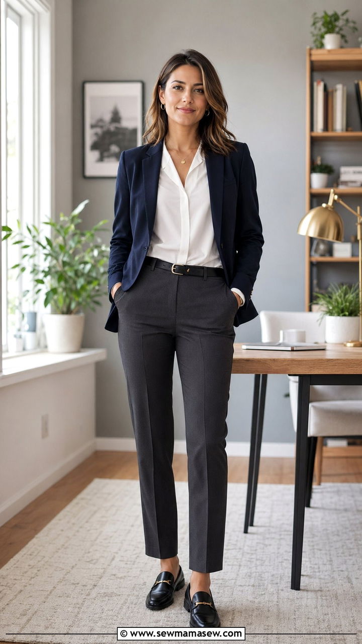 Navy Blazer Outfit With White Blouse - 30 Zoom interview outfit ideas