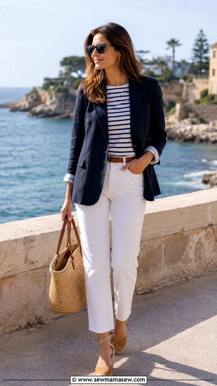 Navy Blazer Outfit with a Striped Shirt and White Jeans - 30 Quiet luxury spring outfits