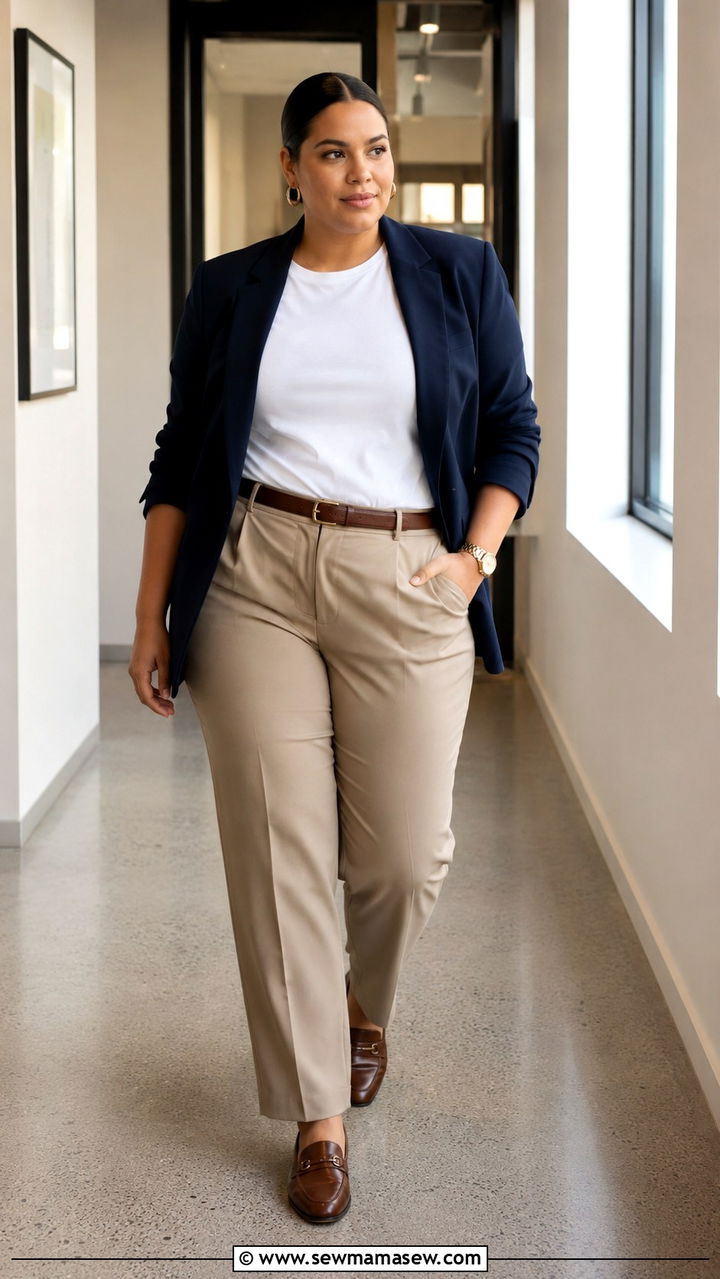 Navy Blazer Over White Tee and Khaki Trousers With Loafers - 25 Plus size outfit ideas clean girl