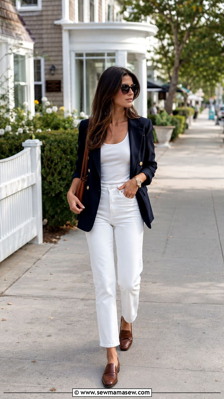 Navy Blazer White Jeans Loafers Hamptons Outfit - 30 Old money outfit ideas for the Hamptons