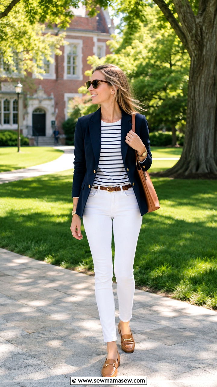 Navy Blazer White Jeans Striped Tee - 30 Preppy school outfits