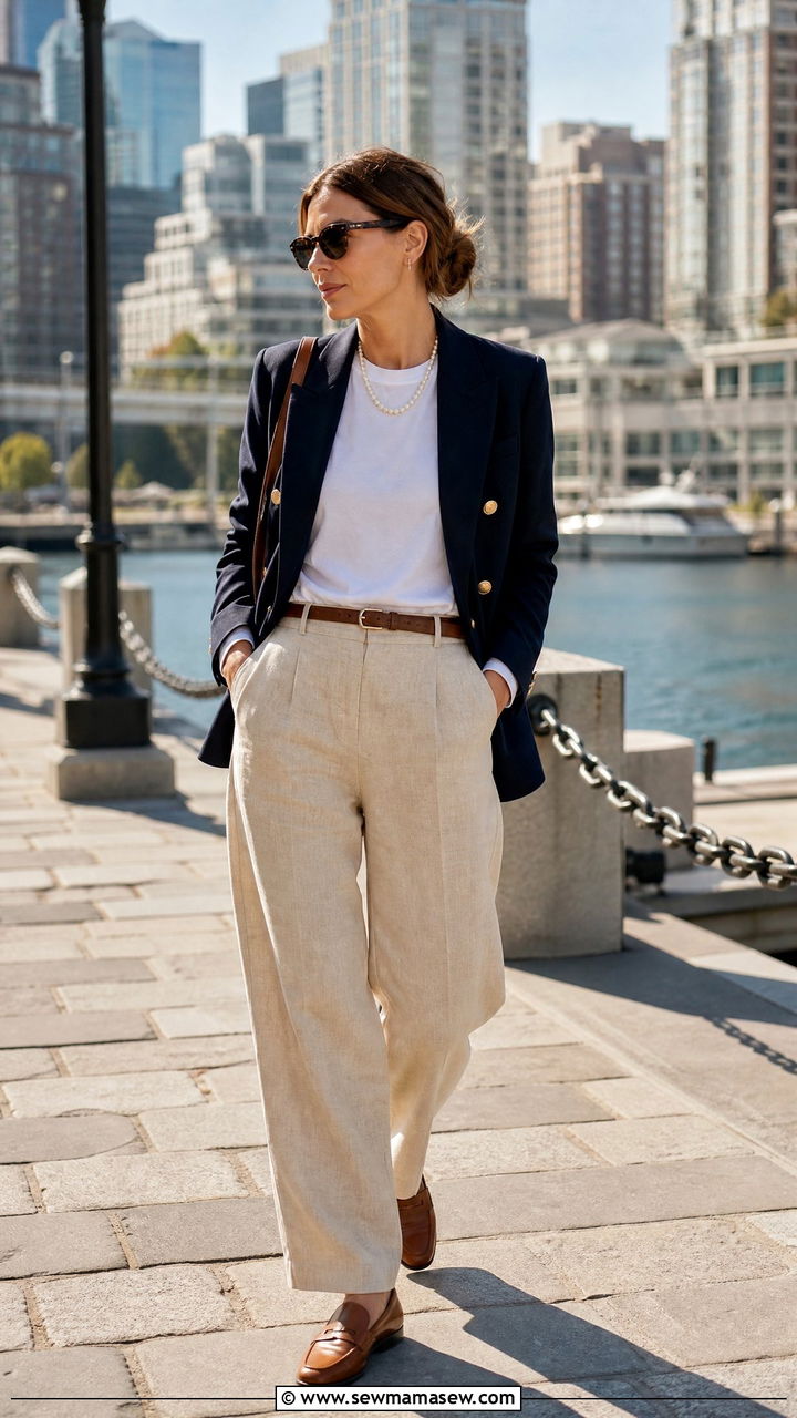 Navy Blazer White Tee and Beige Linen Trousers - 25 classy coastal grandmother outfit ideas