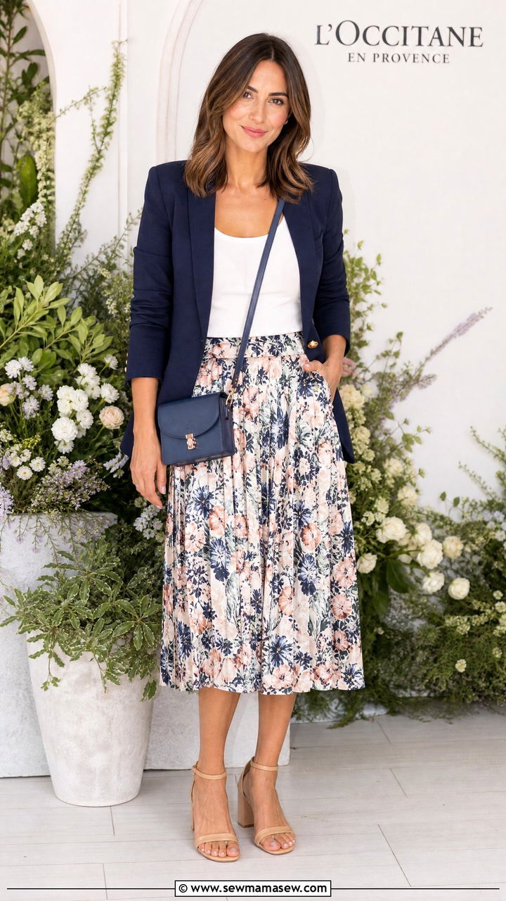Navy Blazer With A Printed Midi Skirt And Low Heels - 30 Marketer outfit ideas