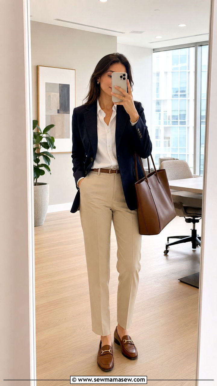 Navy Blazer With Beige Trousers Work Look - 20 Banker outfit ideas
