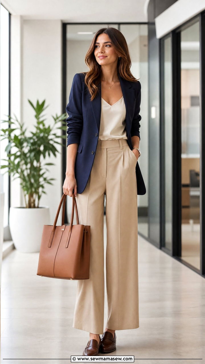 Navy Blazer With Beige Wide Leg Trousers - 35 Modern business casual outfits
