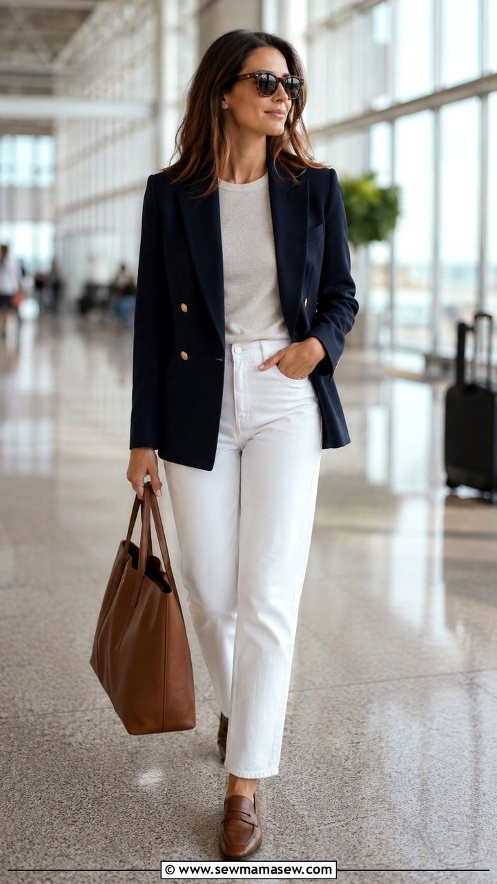 Navy Blazer With Cashmere Tee and White Jeans Loafers - 30 Old money outfit ideas for airport