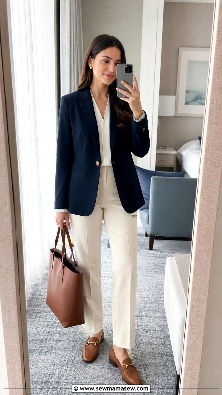 Navy Blazer With Cream Straight Leg Trousers - 30 Legal conference outfit ideas