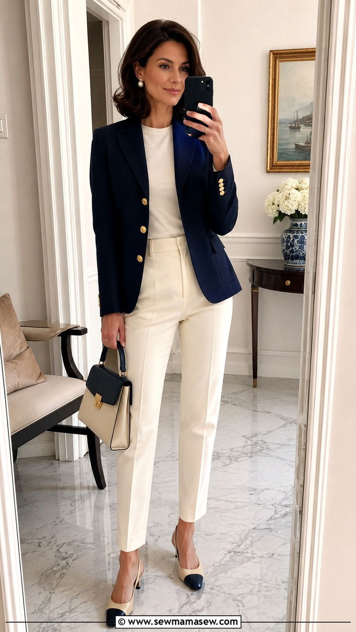 Navy Blazer With Cream Trousers And Two Tone Accessories - 20 Old money outfit ideas Jackie Kennedy