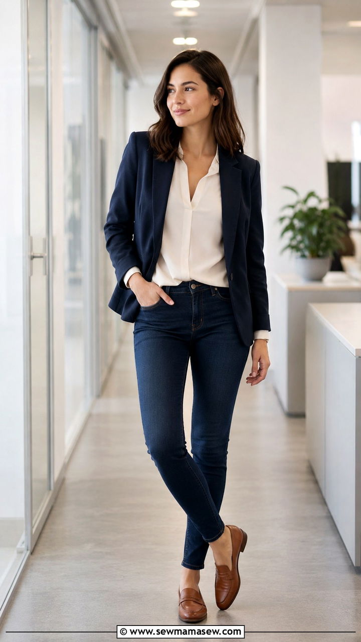 Navy Blazer With Dark Wash Skinny Jeans - 30 Tailored blazer outfit ideas with jeans