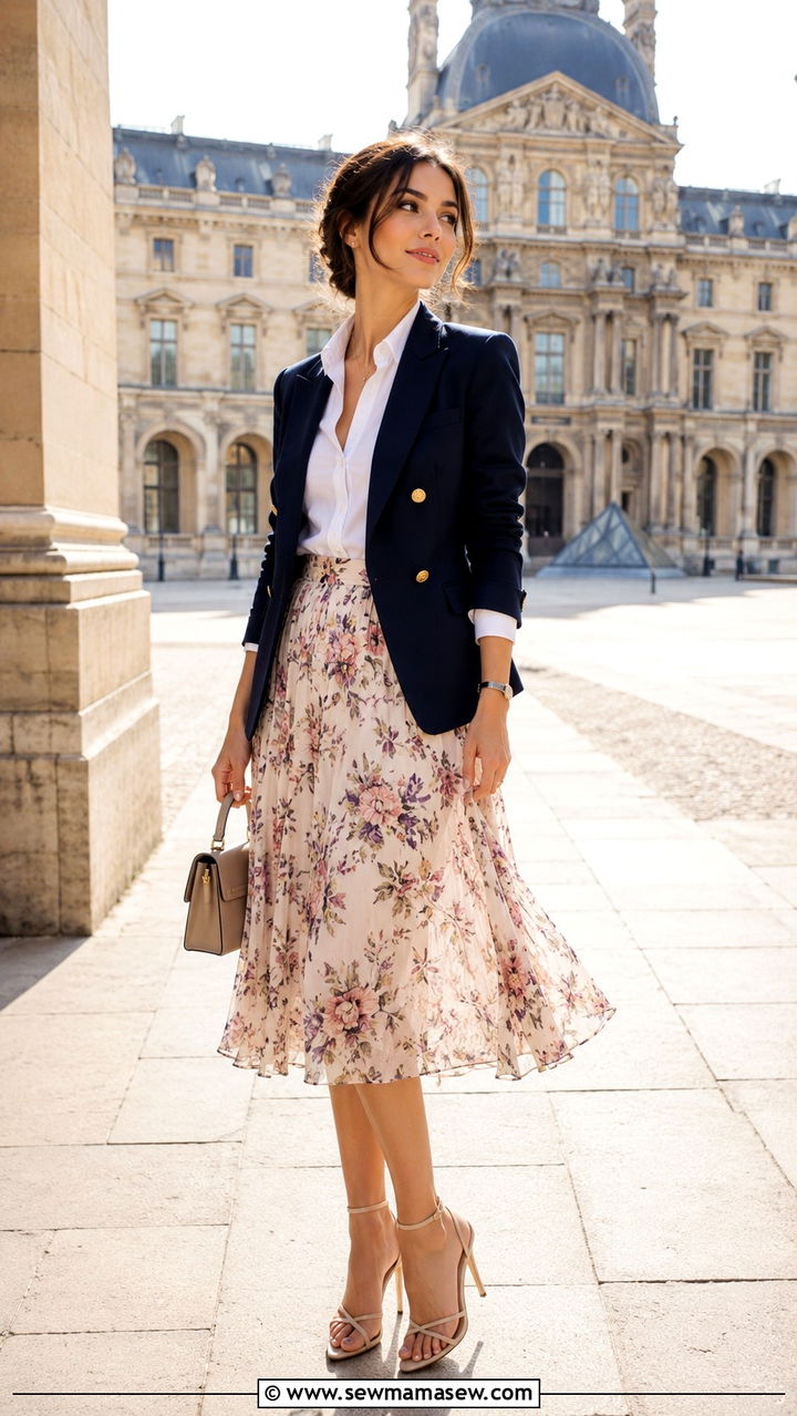 Navy Blazer With Floral Midi Skirt - 30 Parisian spring outfits