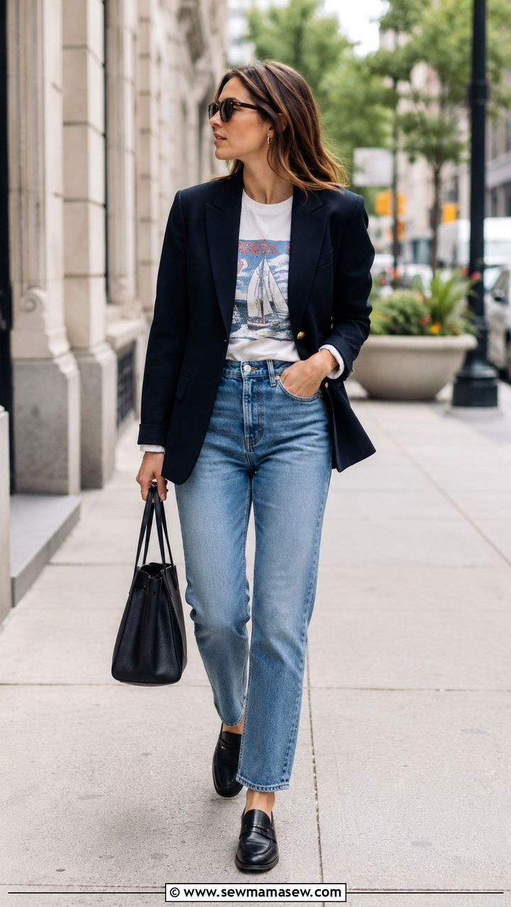 Navy Blazer With Graphic Tee and Straight Leg Denim - 30 casual preppy outfits