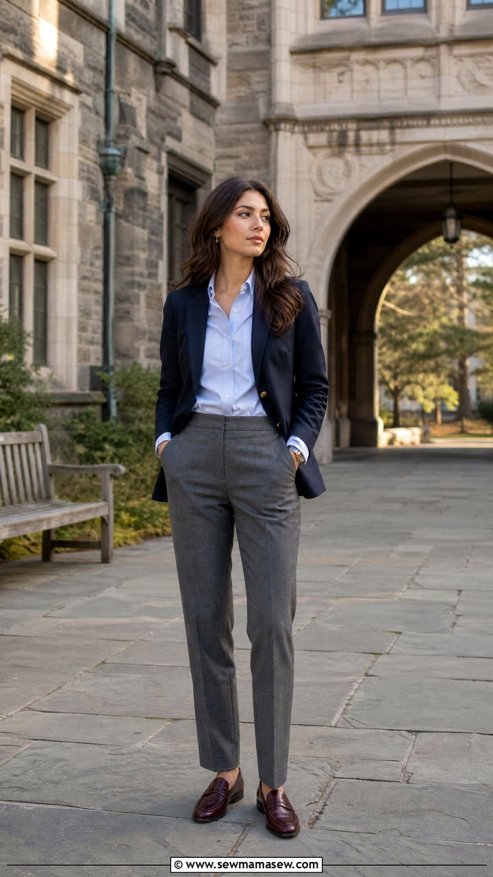 Navy Blazer With Grey Flannel Trousers And Penny Loafers - 35 Ivy league outfit ideas