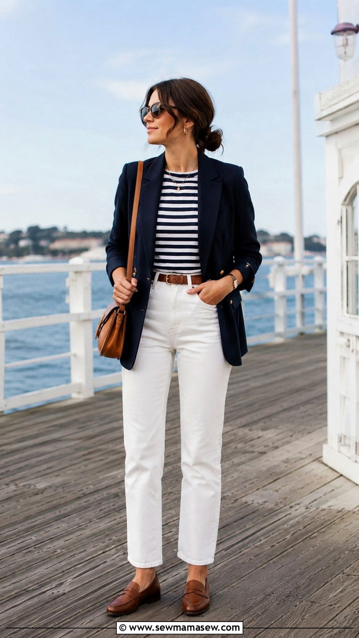 Navy Blazer With High Waisted White Jeans - 30 High waisted jeans outfit ideas with a blazer