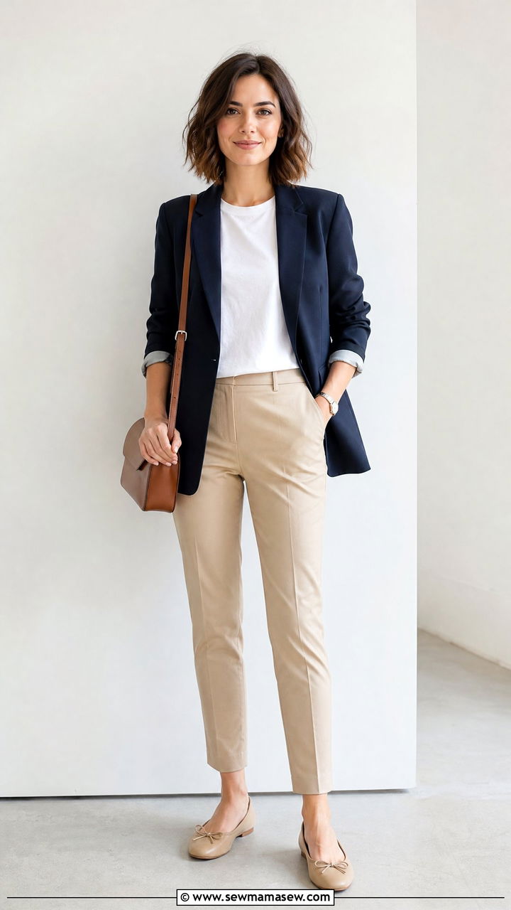 Navy Blazer With Khaki Trousers and Ballet Flats - 30 business casual outfits 2026
