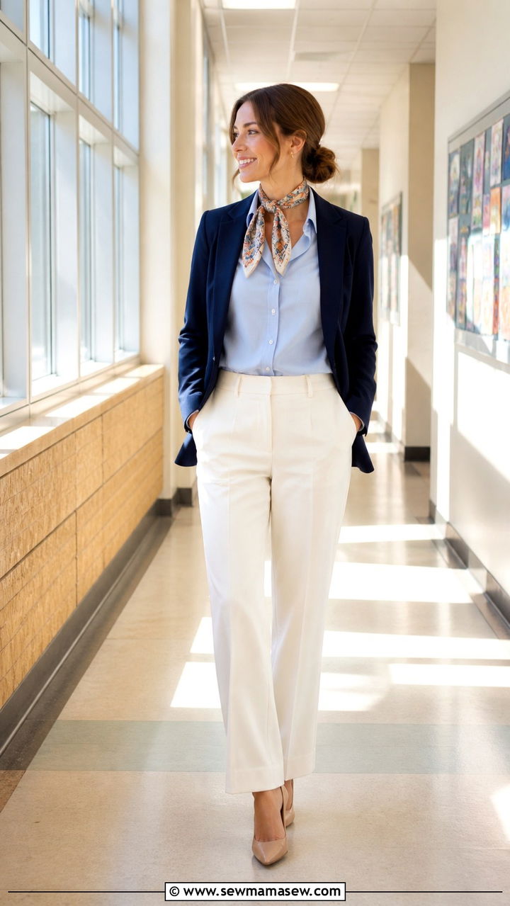 Navy Blazer With Pale Blue Shirt And Cream Trousers Outfit - 40 Spring teacher outfits