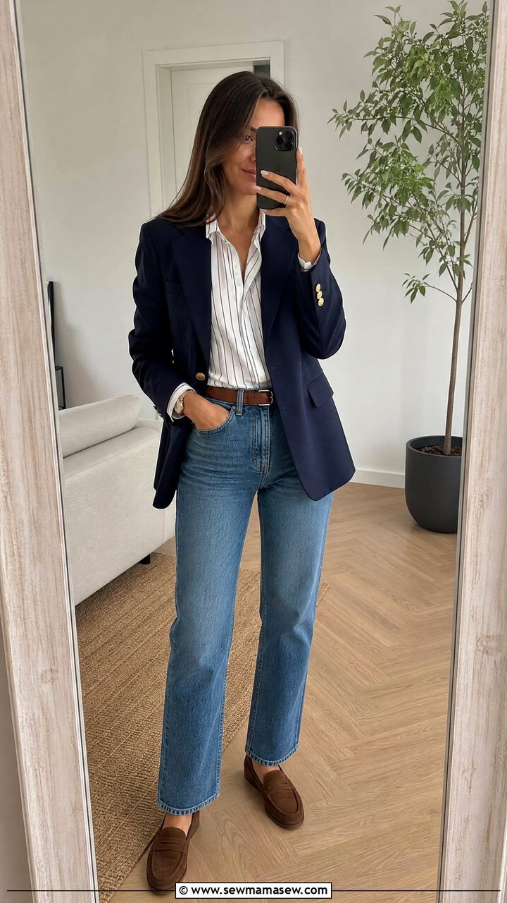 Navy Blazer With Straight Leg Jeans And Brown Suede Loafers - 25 Business casual outfits with loafers