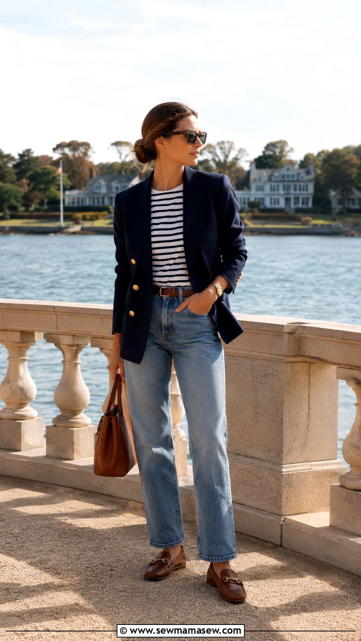 Navy Blazer With Stripe Shirt And Denim - 30 Old money outfit ideas spring 2026