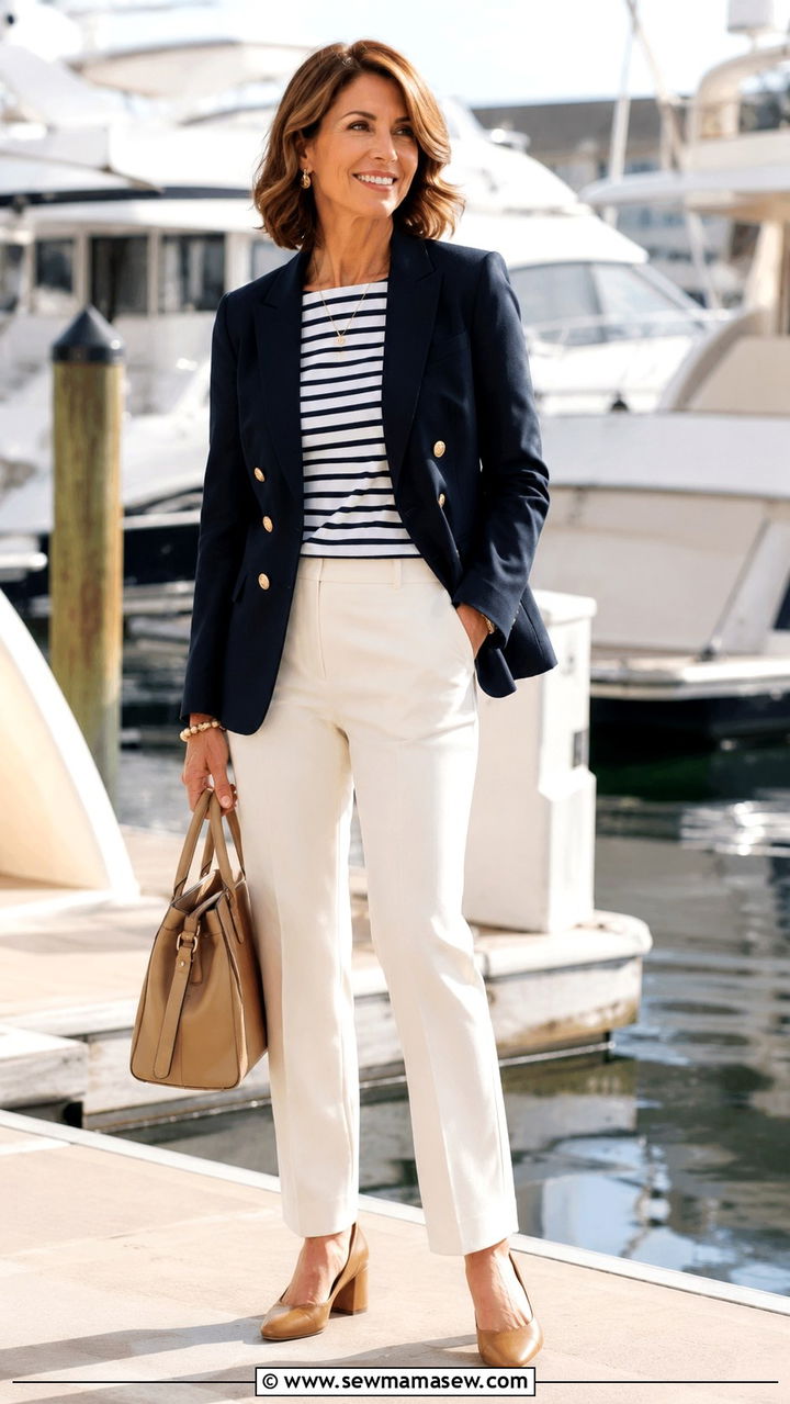 Navy Blazer With Striped Boatneck Top and Cream Trousers - 30 Capsule wardrobe women over 40