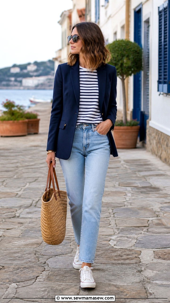 Navy Blazer With Striped Breton Top And Light Wash Jeans - 40 casual blazer outfits