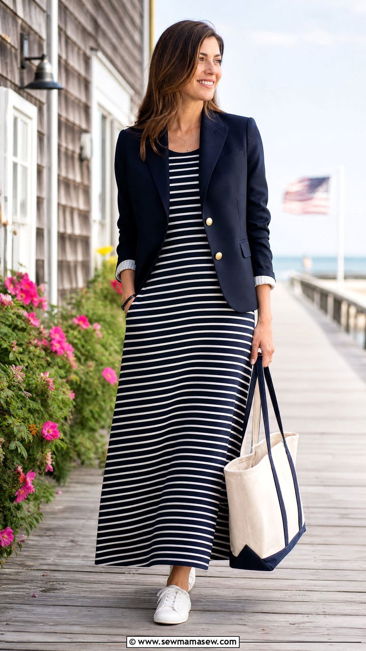 Navy Blazer With Striped Maxi Dress And White Low Top Sneakers - 30 Maxi dress outfit ideas with a blazer