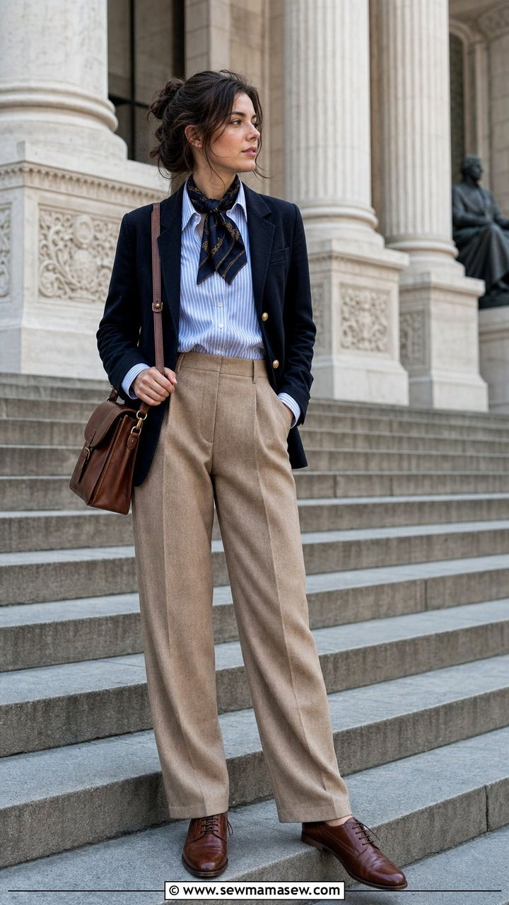 Navy Blazer With Striped Oxford Shirt And Beige Trousers - 25 dark academia capsule wardrobe outfits