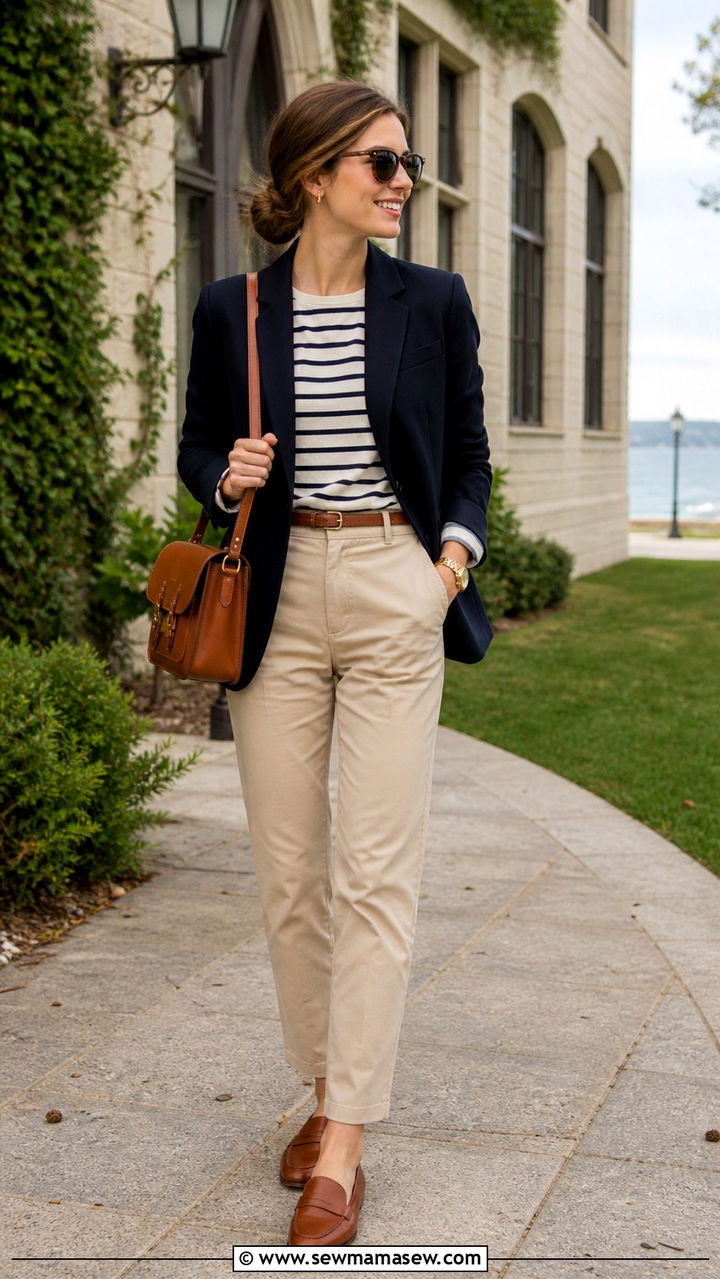 Navy Blazer With Striped Shirt And Beige Chinos - 40 light academia outfits for women