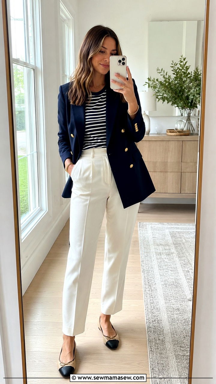 Navy Blazer With Striped Shirt And Cream Trousers - 30 Quiet luxury capsule wardrobe