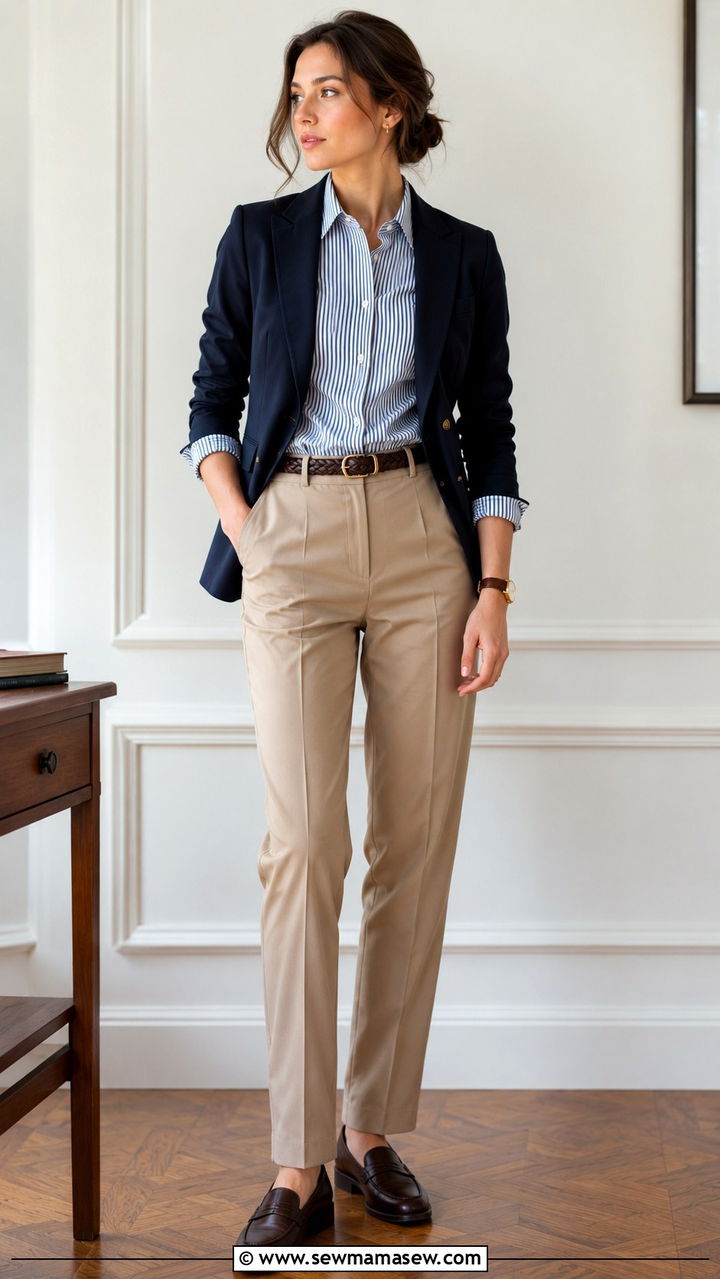 Navy Blazer With Striped Shirt And Khaki Trousers - 30 light academia outfits inspo